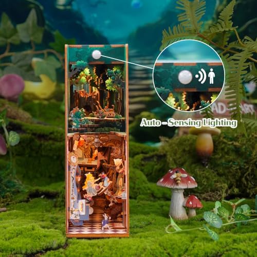 Tonecheer DIY Book Nook Kit for Adults,3D Wooden Puzzle Bookend Bookshelf Insert Library Decor, Booknook Miniature House Kit with Body Motion Sensor LED Light (Step into Wonder) - Image 4