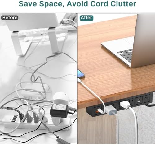 Under Desk Power Strip with 20W USB C, QBA 8-in-1 Desk Outlet Station, 4 AC Outlets, 2 USB-C, 2 USB-A, 10FT Cable, Desk Mount Power Strip for Home Office Conference, ETL Listed(Black) - Image 5