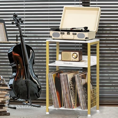 LELELINKY Side Table,White Marble Night Stand with Golden Metal Frame,3 Tier Industrial Wooden Record Player Stand with Vinyl Storage Shelf ,End Tables for Living Room Bedroom Small Spaces - Image 3