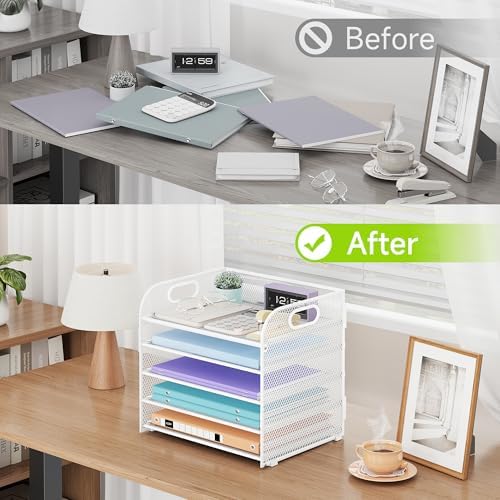 Cawukege 2 Pack 5 Tier Paper Organizer, Letter Tray with Handle, Mesh Desk Organizer, Metal File Organizer, Office Desk Accessories for Home, Office, Classroom, School (White, 2) - Image 6