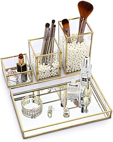 Hipiwe Set of 4 Gold Glass Makeup Brush Holder Organizer with Vanity Tray - Image 6