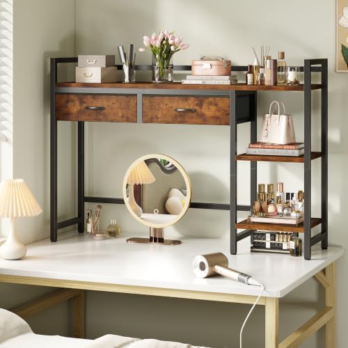 Desk Shelf with 2 Drawers, 38.5" Desk Hutch for Computer Monitor, 3 Tier Desk Display Rack, Desktop Bookshelf Storage Rack for Home Office Dorm - Image 3