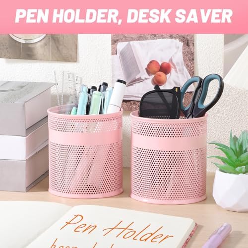 Segarty Pencil Holder, 6 Pack Pink Pen Holder for Desk, 3.9 x 4.2 inch Large Mesh Round Pen Cup Container Set Desktop Accessories Organizer for Office Supply, School Classroom, Makeup Brush - Image 5