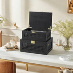 2PCS Decorative Rattan Storage Box Basket with Lid Wooden Frame - Image 6