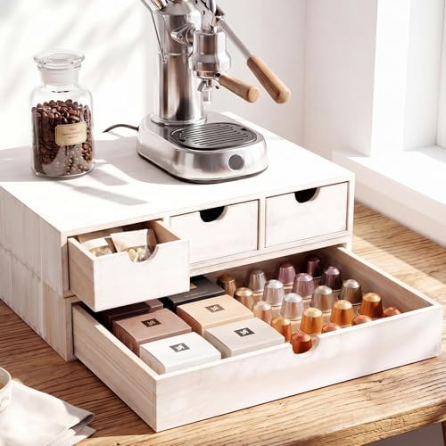 Wooden Pod Holder Drawer Coffee Tea Box, Quadruple, White by Unknown