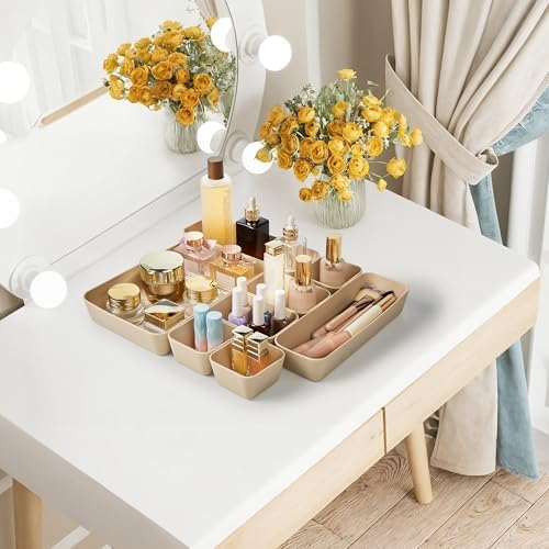 ISSEVE 8Pcs Silicone Bathroom Drawer Organizer Trays Set, 4 Sizes, Beige - Image 3