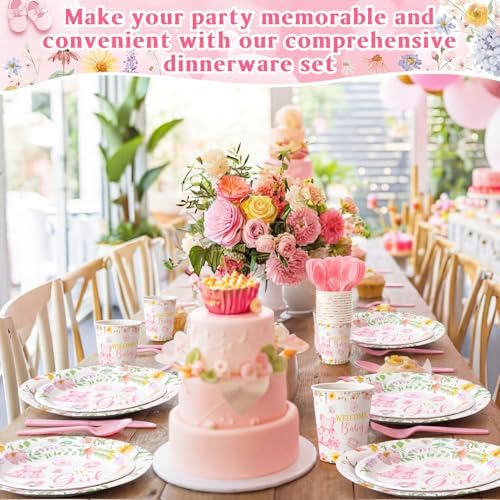 400 Pcs Pink Wildflower Girl Baby Shower Party Decoration for 50, Baby in Bloom Paper Plates Napkins and Cups Cutlery Floral Tableware Set for a Sweet Babys Is on Her Way Party Supplies - Image 4