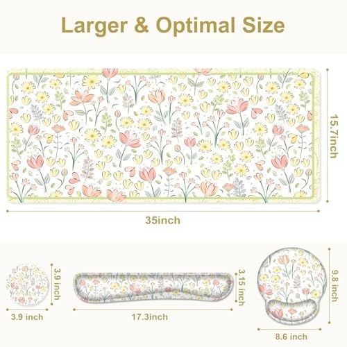 Desk Mat, 4in1 Large Mouse Pad with Wrist Rest, Cute Desk Mat, Anti-Slip XXL Computer Ergonomic Mousepad with Wrist Support for Keyboard and Mouse, Nice Yellow Flowers - Image 3