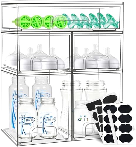 Baby Bottle Organizer, 5 Pack Stackable Storage Drawers with Labels, Clear Station Organizers Container for Pacifiers, Pump Parts, Desk Organizer Bins for Bathroom, Cabinet, Pantry, Vanity, Countertop by Qunland