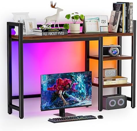 Desk Hutch with Colorful RGB Lights, 4 Tier Desk Top Shelf for Max 28" Computer Monitor, Desk Organizer Shelf for Tidy Storage Display, Desktop Bookshelf for Home, Office, Dorm, Gaming Table, Kitchen by Bamiketty