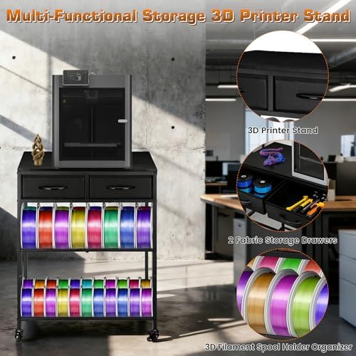 3D Printer Filament Storage Shelf with Drawers& Wheels, Black 2-Tier 3D Printer Filament Metal Stand with Storage, Adjustable Filaments Organzied Rack for Workshop Studio Office, 4 Leveling Feet - Image 3