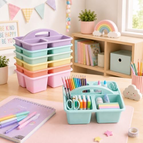 gisgfim 6 Pack Plastic Classroom Caddy with 4-Compartments Plastic Storage Caddies with Handle 4 Compartments Table Caddy Organizer Versatile Table Caddies for Classroom Office, Pastel Color - Image 4