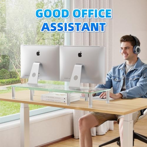 Simple Trending Glass Dual Monitor Stand, Adjustable Length/Height, Clear - Image 4