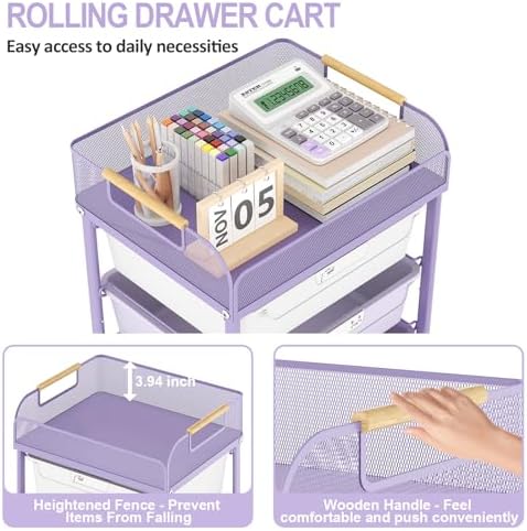 SYKIARIOL 4-Drawer Rolling Storage Cart with Mesh Top,Purple - Image 4