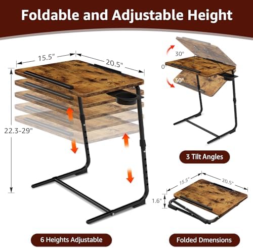 TV Trays Set of 2 - Folding TV Tray Adjustable Dinner Trays for Eating On Couch Wooden Tables Mate Stand Foldable Rustic Desk with Cup Holder Portable - Image 2