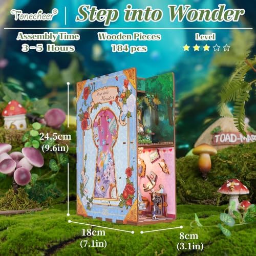 Tonecheer DIY Book Nook Kit for Adults,3D Wooden Puzzle Bookend Bookshelf Insert Library Decor, Booknook Miniature House Kit with Body Motion Sensor LED Light (Step into Wonder) - Image 2