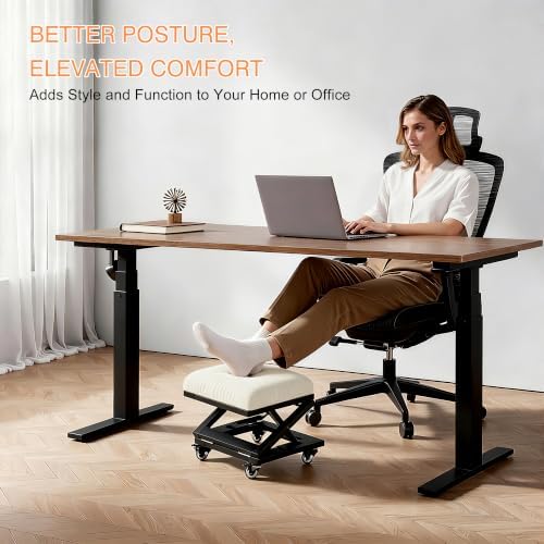 VECELO Foot Rest Under Desk at Work, Height Adjustable Rolling Foot Stool with Wheels, Cushioned Seat for Living Room, Bedroom, Home Office, Beige - Image 4