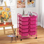 Giantex 10 Drawers Rolling Cart, Classroom Organizers, Storage Cart with Wheels, for Teacher Office Home School Supplies Tool Craft Art Paper, Hot Pink - Image 4