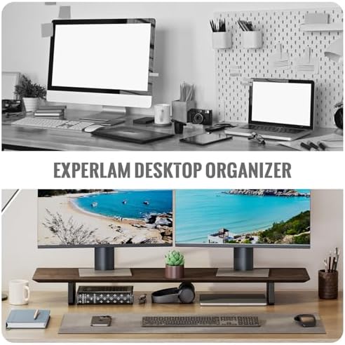 EXPERLAM Solid Wood Dual Monitor Stand Riser, 43 Inch Rubberwood Desk Shelf for Top of Desk, Wood Monitor Stand for Desk 2 Monitors up to 27", Desktop Organizer for Laptop, TV, Printer - Image 6