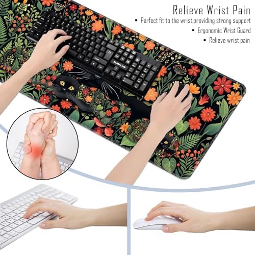 TGFEWYTJYJ Extended Gaming Mouse Pad,Memory Foam Ergonomic Keyboard Mouse Wrist Rest Support Set,Large Desk Mat with Stitched Edges,Non-Slip Base Mousepad Home Office,Cute Black Cats - Image 6