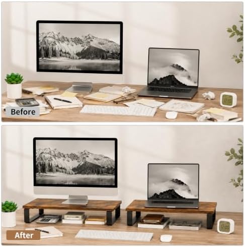 XINYAO 2 Pack Monitor Riser for Desk, Wood and Steel, 16*12*3 inch, Brown - Image 5