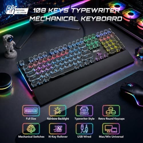 RK ROYAL KLUDGE S108 Typewriter Mechanical Keyboard, Wired Gaming Keyboard with Number Pad, Full Size Retro Keyboards w/Detachable Wrist Rest for Mac/Win/PC, Clicky Blue Switch, Rainbow Backlit Black - Image 2
