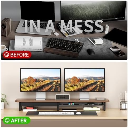 AFOOYO Large Dual Monitor Stand For Desk,43 Inch Desktop Computer Riser with Metal Drawer Desk Shelf Organizer For Computer/Laptop/PC/Printer/TV - Image 4