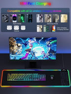 Mouse Pad with Wireless Charging, Large Desk Mat RGB Gaming Mousepad, 10 Light Colors LED Gaming Pad Keyboard Pad with Ultra-Smooth Surface & Non-Slip Rubber Base, Waterproof Full Desk Mouse Pad - Image 3