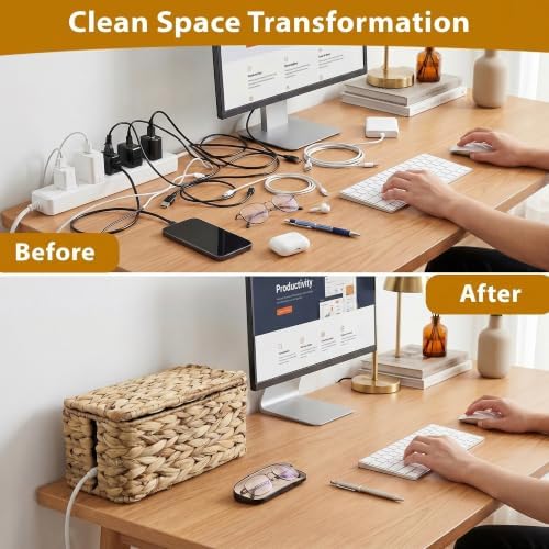 2 Pack Handwoven Cable Management Box with Lid, Decorative Cord Organizer for Power Strips, Chargers, TV Wires, Desk, Home & Office Storage, Natural Water Hyacinth - Image 3