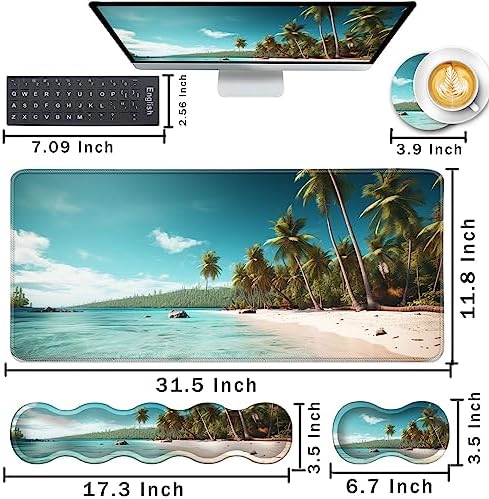Keyboard Wrist Rest and Mouse Pad with Wrist Support Set Ergonomic Coaster,Memory Foam,Easy Typing Pain Relief,Large XL Desk Mat 31.5"x 11.8",Beach and Coconut Trees Design - Image 2