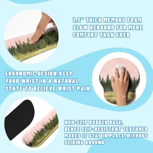 Forest Meadow Desk Mat Set Watercolor Pine Landscape Large Mouse Pad with Wrist Rest 4in1 Desk Mat for Desktop Ergonomic Computer Desk Arm Wrist Anti-Slip Computer Ergonomic Mouse Pad Office Gaming - Image 3