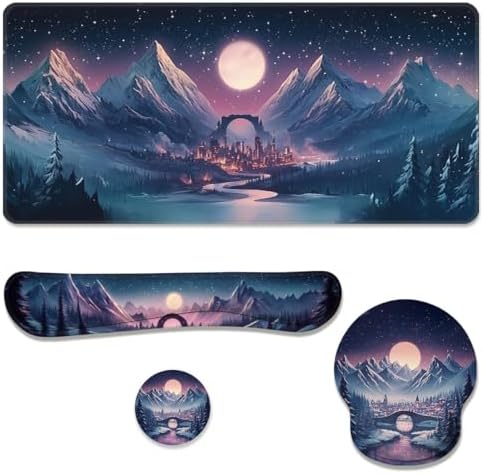 Fantasy City Desk Mat Set Night Moon Mountain Landscape Mouse Pad with Wrist Rest 4in1 Desk Mat for Desktop Ergonomic Keyboard Wrist Support Anti-Slip Computer Ergonomic Mouse Pad Home Office Gaming by Unknown