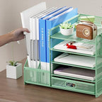 Marbrasse Desk Organizer with File Holder, 5-Tier Paper Letter Tray Organizer with Drawer and 2 Pen Holder, Mesh Desktop Organizer and Storage with Magazine Holder for Office Supplies (Green) - Image 5