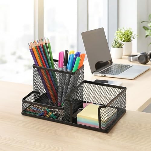 Lemecima 8 Pcs Pen Holder for Desk Mesh Metal Pencil Holders Pen Cup Marker Desk Caddy with Sticky Notes Organizer for Office Supplies Workspace Home, Black - Image 4