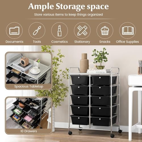 LDAILY 10 Drawer Rolling Cart, Storage Cart Organizer on Wheels, Drawer Cart with Metal Frame & Large Storage Capacity, Rolling Cart with Drawers for Living Room Classroom, Office - Image 5