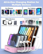 MSTJRY Charging Station for Multiple Devices : 5 Port Multi USB-A Charger Stations Multi-Device Organizer Charging Dock Designed for iPhone iPad Cell Phone Tablets (7 Short Cables Included), Pink - Image 5