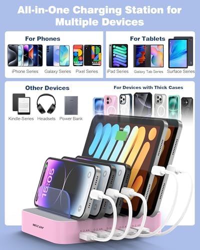 MSTJRY Charging Station for Multiple Devices : 5 Port Multi USB-A Charger Stations Multi-Device Organizer Charging Dock Designed for iPhone iPad Cell Phone Tablets (7 Short Cables Included), Pink - Image 5