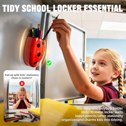 Magnetic Pen Holder for Fridge Whiteboard, 2-in-1 Magnetic Marker Holder Dry Erase Marker Whiteboard Eraser, Cute Ladybug Pencil Cup Desk Organizer for Classroom Office School Home (4-Pack) - Image 3