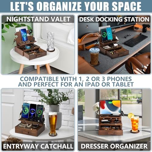Wood Phone Docking Station for up to 3 Phones, Samsung Galaxy Watch Compatible Nightstand Organizer with Drawer for Valuables for Men & Women, Holds Phones, Tablets, Keys, Rings, Glasses, Watches, EDC - Image 3