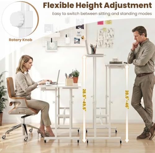 GIANTEX Mobile Standing Desk, Height Adjustable Stand Up Table with Wheels & Tilting Tabletop, Rolling Laptop Cart Computer Workstation for Standing or Sitting, Home Office Sit Stand Desk (White) - Image 3