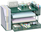 gianotter Desk Organizers and Accessories with File Holder, 4-Tier Desk Accessories & Workspace Organizers with Drawer and 2 Pen Holder, Desk Reference Organizer (Green, 4T with Metal Drawer) by gianotter