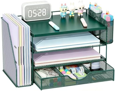 gianotter Desk Organizers and Accessories with File Holder, 4-Tier Desk Accessories & Workspace Organizers with Drawer and 2 Pen Holder, Desk Reference Organizer (Green, 4T with Metal Drawer) by gianotter