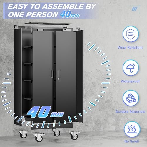 Superday Garage Storage Cabinet with Wheels，73" H Metal Storage Cabinet with Doors and Adjustable Shelves, Lockable Steel Utility Tool Cabinets for Garage, Home Office, Kitchen(Black) - Image 7