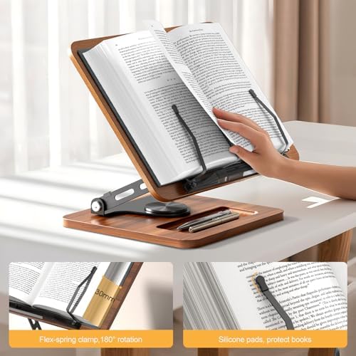 OPTIXCELL Book Stand for Reading, 360° Rotating Book Holder, Page Clips - Image 6