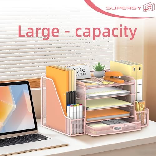 SUPEASY Mesh Desk Organizer with File Holder, 5-Tier Paper Letter Tray Organizer with Magazine Holder, Desktop Organizer and Storage with Drawer for Office Supplies Home or School (Pink) - Image 2