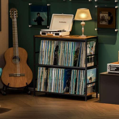 Sonyabecca Record Player Stand with 4 Adjustable Dividers, Vinyl Record Storage Up to 300+ Albums, 3-Tier Vinyl Storage Holder with Open Wooden Desktop for Living Room, Bedroom by Sonyabecca