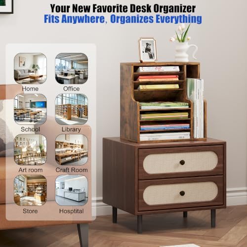 Wood Desktop File Holder Organizer Mail Sorter for File Folders, Mails, Envelopes or Magazines, 8 Compartments (Brown) - Image 4