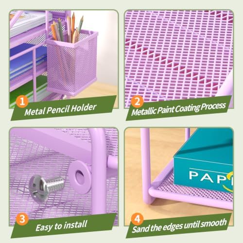 Purple 7 Tier Desk File Organizer, Metal Letter Tray Paper Organizer with Pull-Out Drawer, Removable Pen Holder & Hanging Basket, Vertical Desktop File Holder for Home Office, Classroom - Image 5