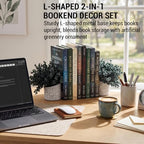 MyGift L-Shaped Decorative Bookends with Blue Artificial Eucalyptus in Modern Gray Geometric Concrete Pot – Pair for Shelf, Desk, or Nook Décor - Image 3