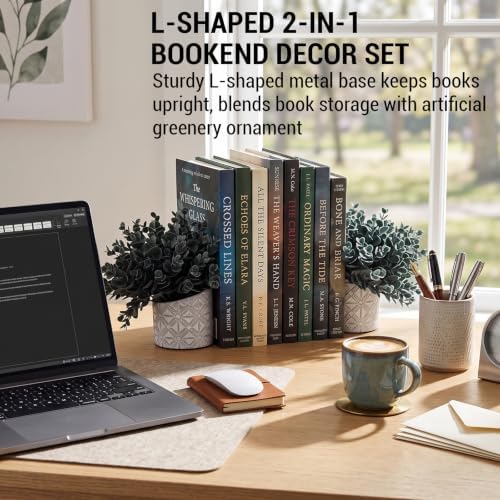 MyGift L-Shaped Decorative Bookends with Blue Artificial Eucalyptus in Modern Gray Geometric Concrete Pot – Pair for Shelf, Desk, or Nook Décor - Image 3
